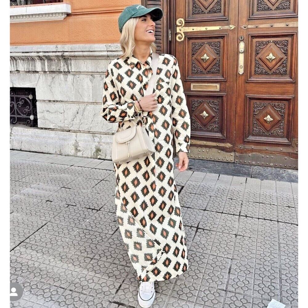Zara Printed Button Down Shirt Midi Maxi Dress